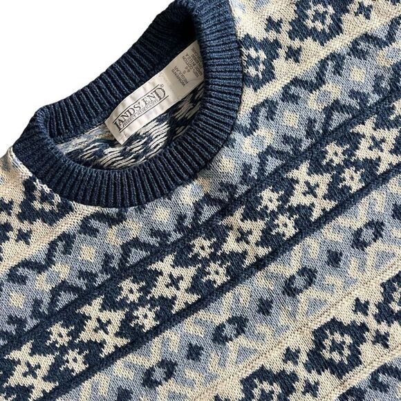 Lands End Vintage Women’s Small 100% Cotton Blue Fair Isle Sweater - Picture 3 of 9